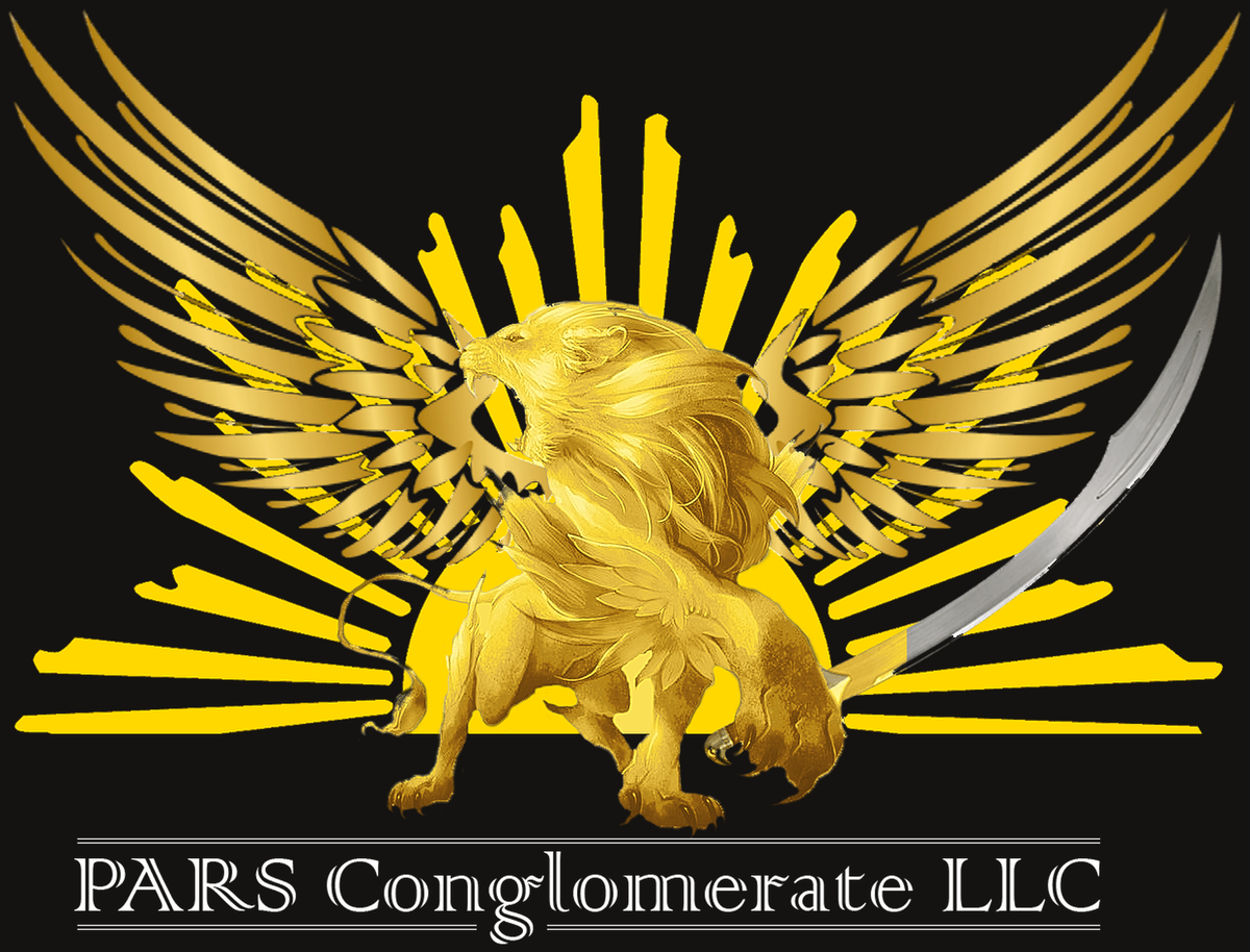 PARS Conglomerate LLC logo: a winged lion holding a scimitar before golden wings and a sunburst